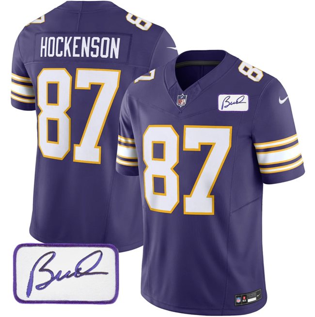 Men's Minnesota Vikings #87 T.J. Hockenson Purple 2023 F.U.S.E. Bud Grant patch Vapor Limited Stitched Jersey